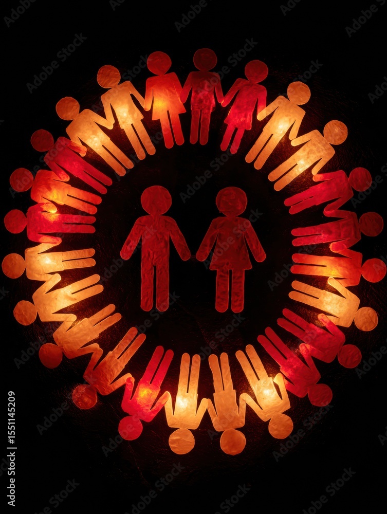 Poster symbols of equality and love arranged in a glowing circle representing unity and harmony among diver