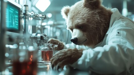 A curious bear scientist wearing a lab coat is focused on conducting experiments involving colorful solutions in a high-tech laboratory setting.