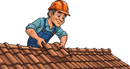Cartoon Construction Worker Installing Roof Tiles