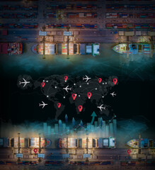 Aerial view and top view cargo plane flying above ship port coverage world map import-export...