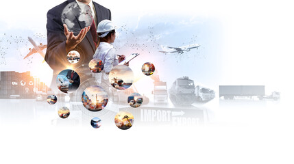 Global business of Container Cargo freight train for Business logistics concept, Air cargo trucking, Rail transportation and maritime shipping, Online goods orders worldwide