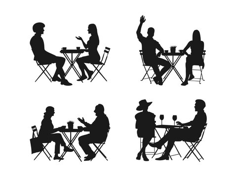 Silhouette of a romantic couple sitting table in a cafe. A romantic couple sitting at a table in a cafe, in silhouette. Silhouettes of couples enjoying outdoor cafe conversations.