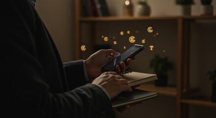 Digital Currency Transfer: Man Using Smartphone with Floating Symbols