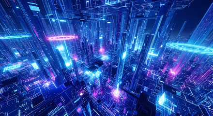 Obraz premium Electric Cityscape: Futuristic Neon Blue & Purple Metropolis