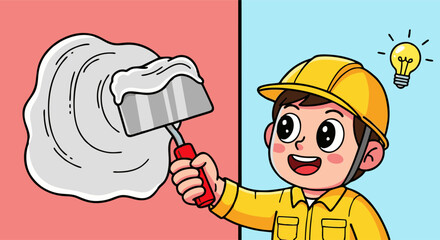 Cartoon Construction Worker with Idea, Applying Plaster with Trowel.