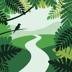 Fototapeta premium Serene Green Landscape Illustration Featuring Winding Path Bird Silhouette Lush Tropical Foliage Soft Hills Gentle Curves Abstract Nature Scene Tranquil Mood