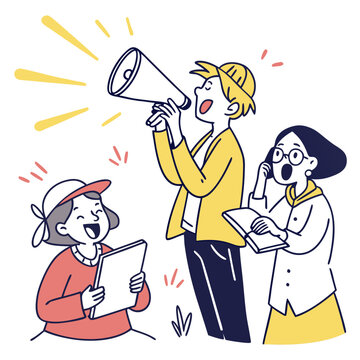Dynamic group announcement with megaphone in illustrative style for vibrant communication