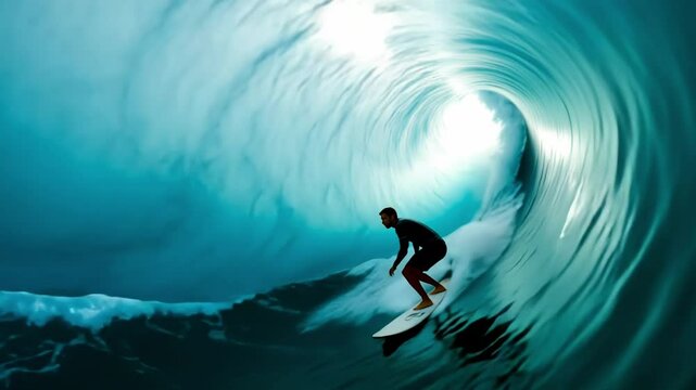 In the early morning light, a daring surfer expertly navigates a giant wave, creating a breathtaking moment. The vibrant blue tunnel engulfs them as ocean sprays dance around.