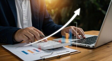 Financial Growth: Analyst with Data, Calculator, and Upward Arrow Graphic.