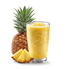 Fresh Pineapple with Juice and Slices Ready for Refreshing Tropical Drink and Healthy Smoothie on White Background