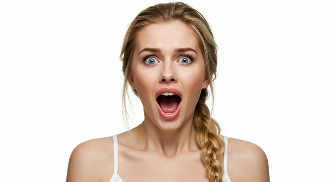 Woman expressing intense fear with exaggerated features on a white background