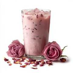 Refreshing Pink Beverage with Rose Petals and Ice in a Clear Glass Surrounded by Fresh Roses and Dried Petal Accents on White Background