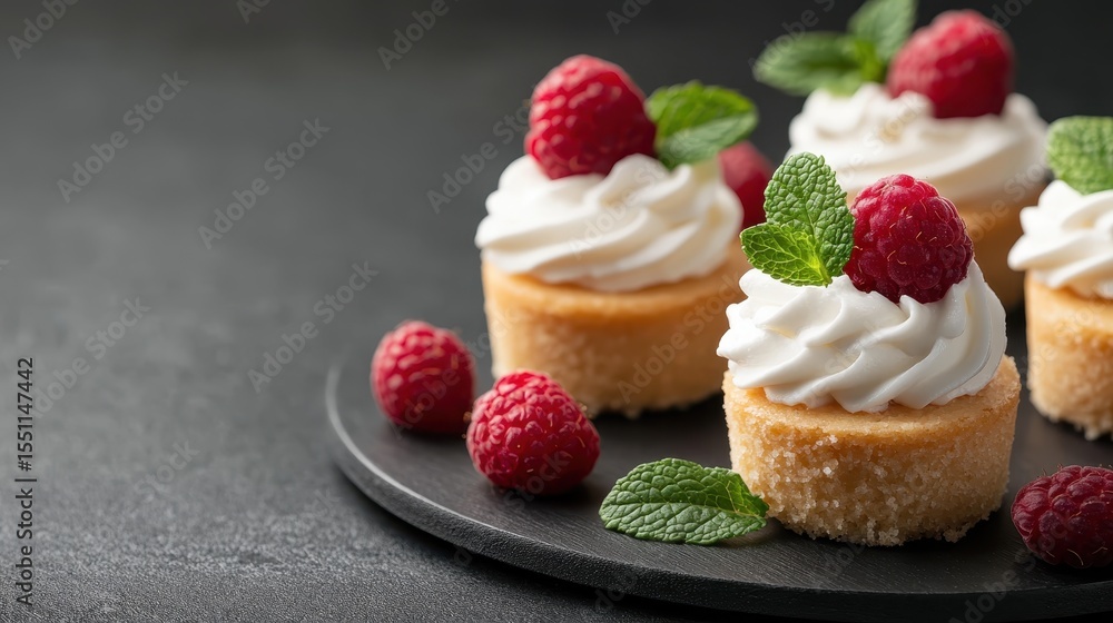 Poster these mini cupcakes feature a soft base topped with whipped cream and garnished with fresh raspberri