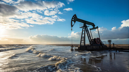 Oil trade international. Oil pumpjack ocean sky wave industrial energy offshore machinery metal dramatic ,global shipping, energy, crude oil market, energy economy