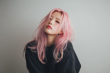 ピンクの髪色のアジア人女性、韓国人、日本人、ヘアカラー
