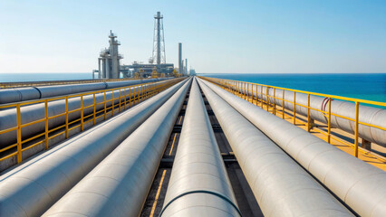 Oil trade international. Oil pipeline industrial energy transportation infrastructure metal blue sky sea refinery export import ,global shipping, energy, crude oil market, energy economy