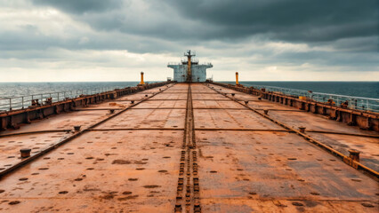 Oil trade international. Rusty deck cargo ship ocean cloudy sky industrial maritime transportation large vessel dramatic weathered ,global shipping, energy, crude oil market, energy economy