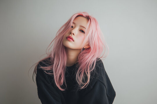 ピンクの髪色のアジア人女性、韓国人、日本人、ヘアカラー