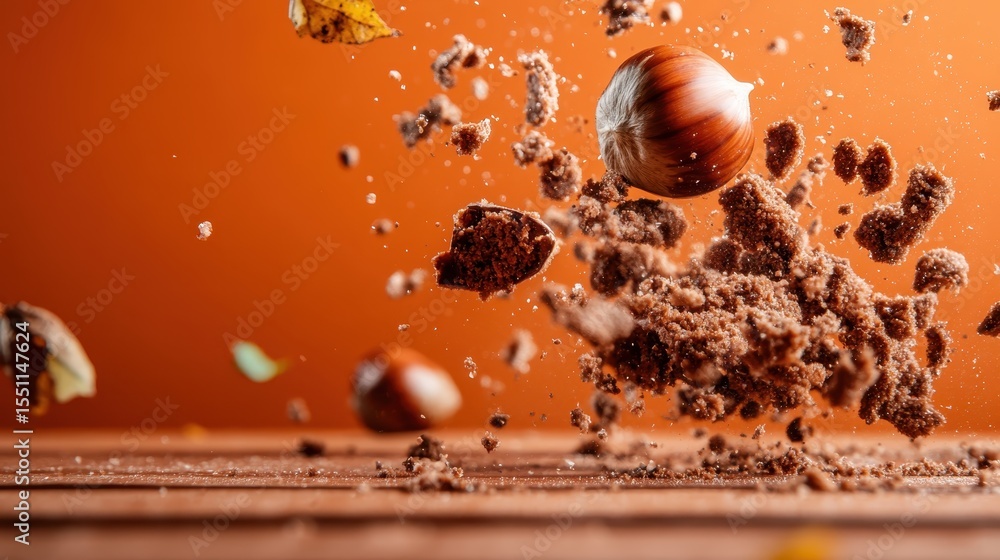 Poster an artistic shot of nuts and crumbs exploding against an orange background, capturing the essence of
