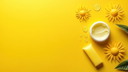 White tubes of sunscreen and Sun shape from white Sun cream on color background,Sunblock lotion bottles,Sun protection on vacation,Top view,Banner vacation summer beach concept,space for text.