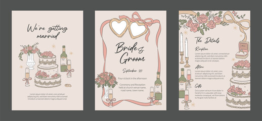 Collection of Wedding occasions event invitation hand drawn style template and background of Ribbon, cake and reception food