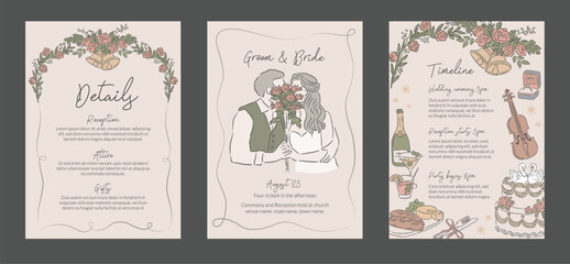 Collection of Wedding occasions event invitation hand drawn style template and background of bride and groom, timeline and flowers