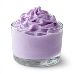 Rich and Creamy Lavender Whipped Dessert Topping in Clear Glass Cup, Perfect for Cakes, Cupcakes, and Sweet Treats on a Light Background