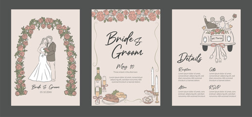 Collection of Wedding occasions event invitation hand drawn style template and background of Bride and groom, car marriage