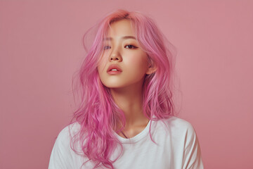 ピンクの髪色のアジア人女性、韓国人、日本人、ヘアカラー