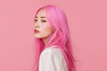 ピンクの髪色のアジア人女性、韓国人、日本人、ヘアカラー