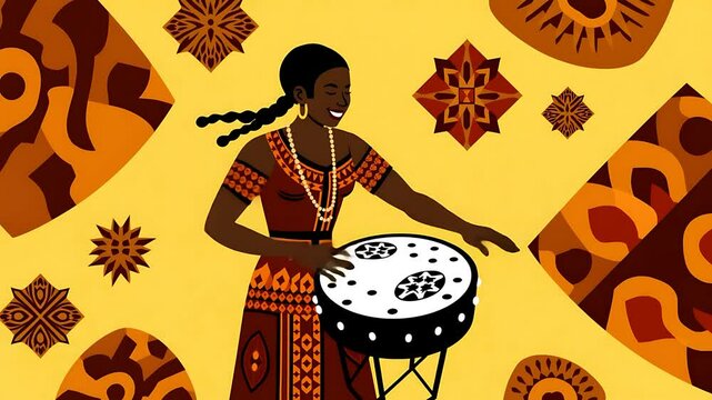 Joyful African Woman Playing Traditional Drum Amidst Vibrant Geometric Patterns