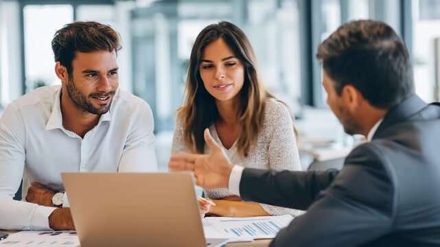 In a bright and stylish office, a couple shares smiles and interacts with a financial advisor, discussing important future plans over a laptop. The atmosphere is warm and welcoming.