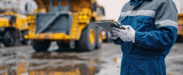 Fototapeta premium The construction worker using a tablet on a busy site with heavy machinery.