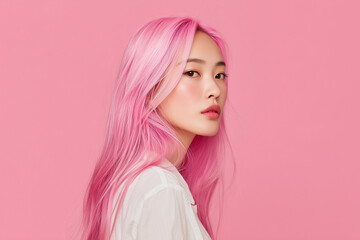 ピンクの髪色のアジア人女性、韓国人、日本人、ヘアカラー