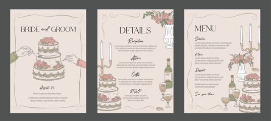 Collection of Wedding occasions event invitation hand drawn style template and background of cake and reception