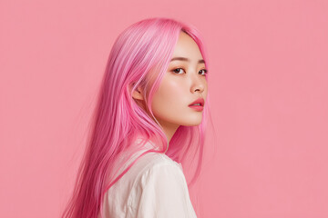 ピンクの髪色のアジア人女性、韓国人、日本人、ヘアカラー