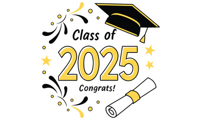 Celebrate the class of 2025 with this festive graphic featuring a graduation cap diploma stars and confetti perfect for congratulatory messages and graduation announcements