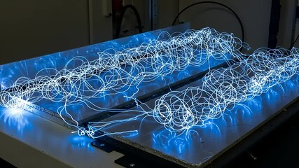 Abstract electric light patterns illuminating a workshop space