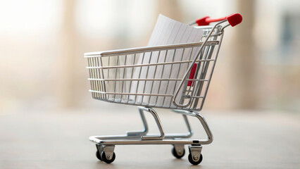 Cost of living inflation. Miniature shopping cart metal empty paper retail closeup indoors consumer cost economy savings budget ,rising prices,financial pressure,economic crisis