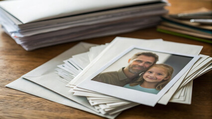 Cost of living inflation. father daughter photograph envelope letter stack table smiling family memory smiling father and daughter ,rising prices,financial pressure,economic crisis
