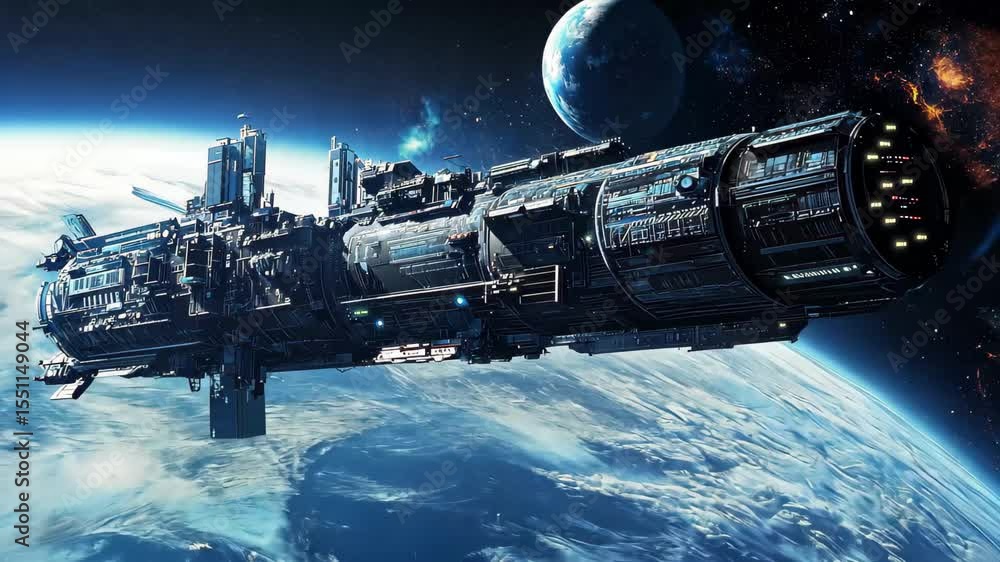 Sticker exploring distant worlds with a space station in orbit around a vibrant planet, space station in orb