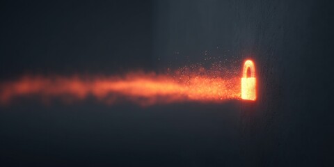 Data Security and Protection Through Encryption and Secure Lock Systems, Digital lock emitting glowing particles in a dark background.