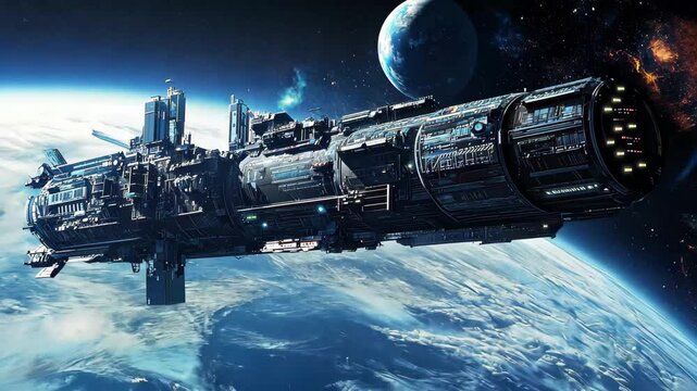 Exploring distant worlds with a space station in orbit around a vibrant planet, Space station in orbit around a faraway planet anime video background