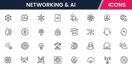 Vector illustration web line icon collection for networking & AI, connections, neural networks, data, and tech symbols in a sleek, modern, innovative design style.