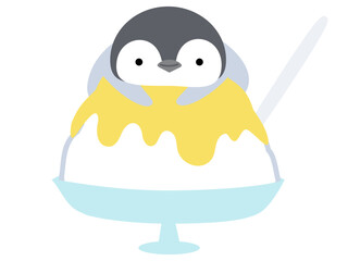 かき氷に乗るペンギン　レモン味　シンプル　かわいい 動物とデザート (ベクターイラスト)