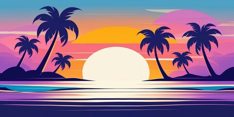 Naklejka premium Tropical beach with palm trees. A professional flat vector art graphic depicting a serene wide sea view at sunset, featuring stylized silhouettes of palm trees with slender trunks and curved.