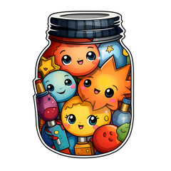 Cute Kawaii Doodle Art. Colorful Characters in a Jar