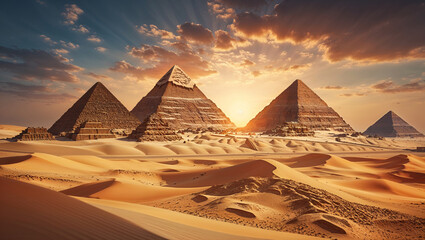 Majestic sunset over ancient egyptian pyramids in the giza desert with beautiful sky