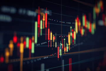A sharp close-up of a trading screen showing red and green candlesticks of varying heights, highlighting market trends on a dark background with focus on the chart&rsquo;s top left. Concept.
