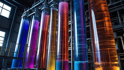 Rare Earth Mining Technology, inside an industrial solvent extraction plant with towering glowing columns of vibrant blue, purple and orange chemical solutions